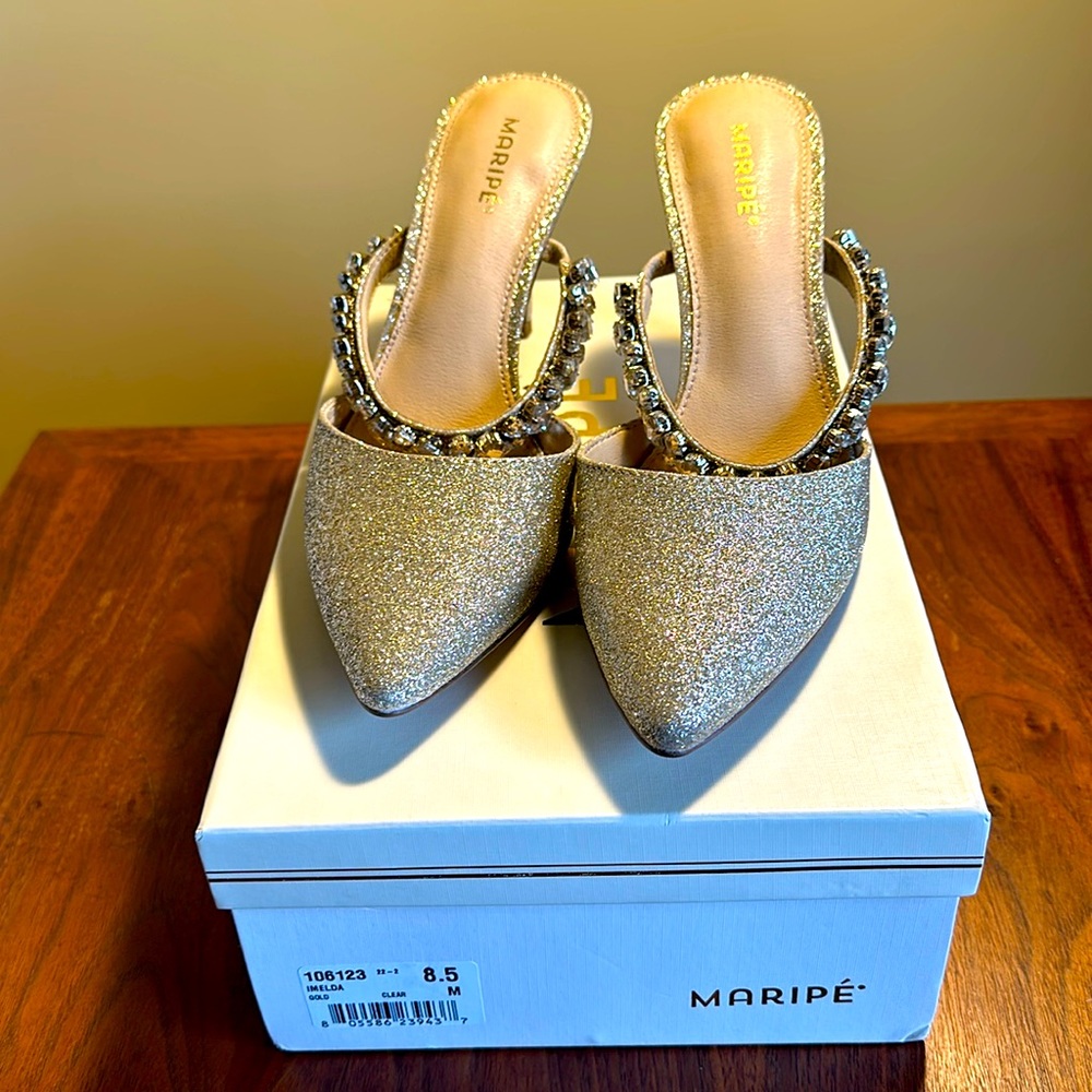 Sparkly gold jeweled-strap 3 inch mule.